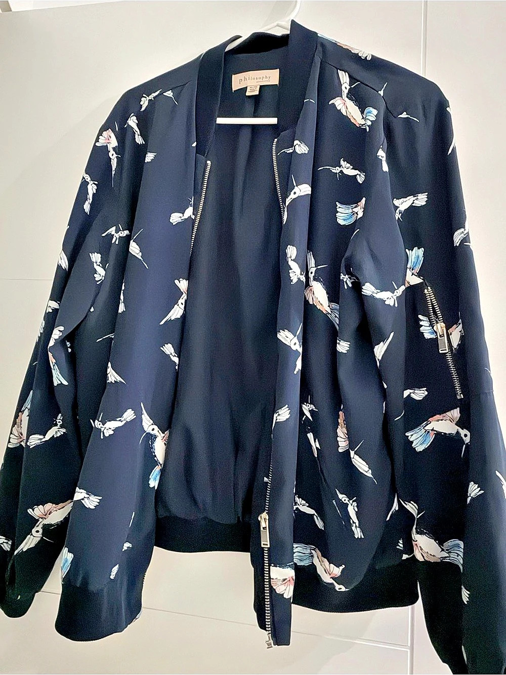 Philosophy Hummingbird Zip Front Bomber Jacket Blue